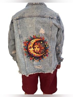 Vintage-Style Distressed Denim Jacket with Sun & Moon Back Graphic